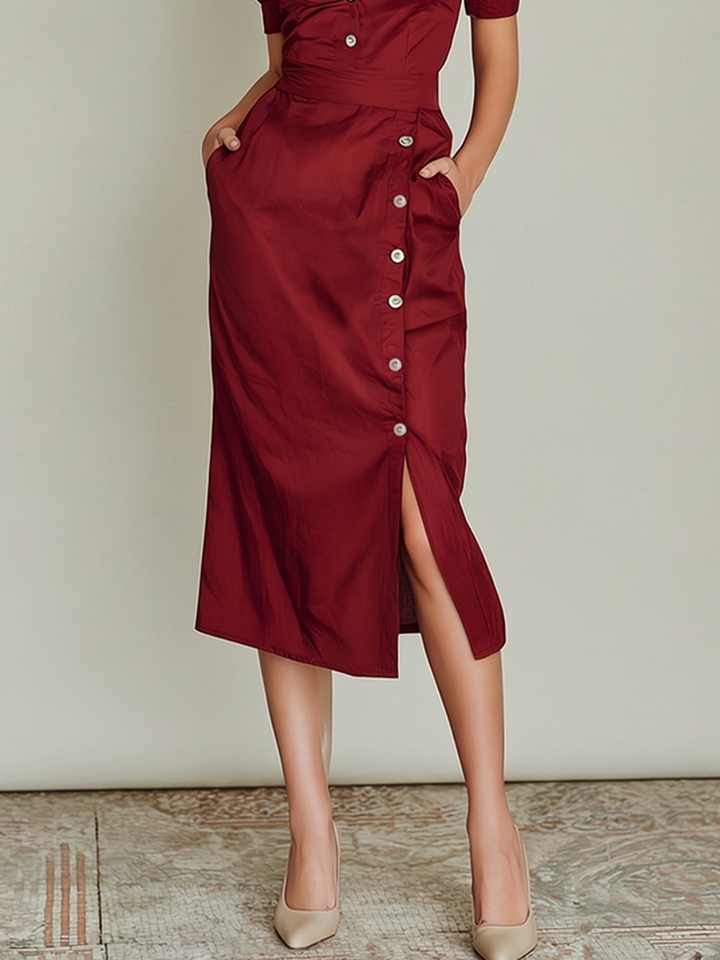 Women's Burgundy Satin Dress With Buttoned Front & Side Slit Midi Skirt, Modern Office-Chic Style Dress