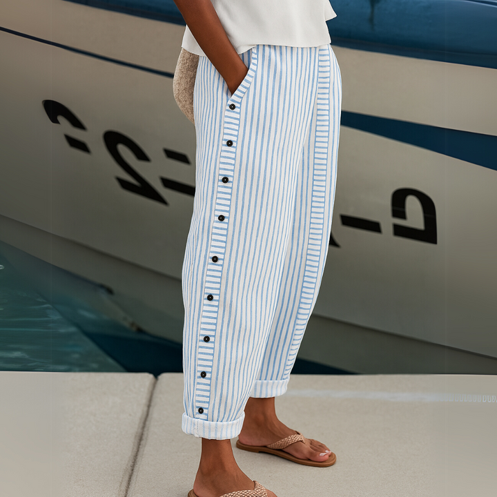 Striped Pants for Women – Button Front Casual Trousers for Work and Everyday, Comfortable Relaxed Fit