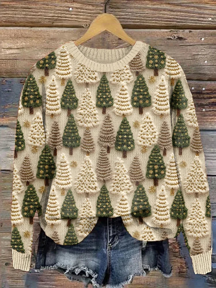 Cozy Embroidered Tree Print Women's Xmas Sweater with Crew Neck Long Sleeve Relaxed Knit Style