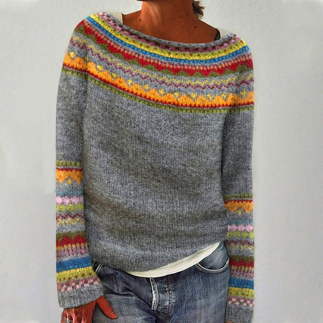Comfortable Ombre Fair Isle Sweater for Women with Crew Neck Long Sleeve Relaxed Oversized Knit Style