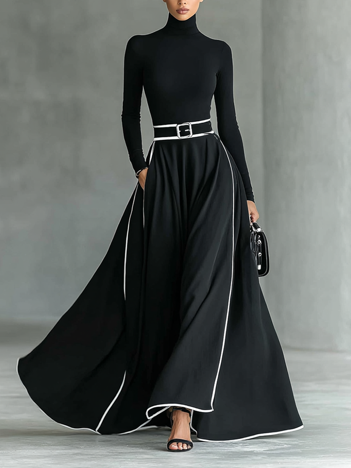 Robe maxi noire pour femme, coutures avec bordure blanche, col haut, manches longues, ceinture serrée