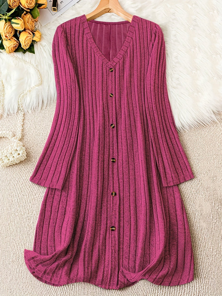 Comfortable Ribbed Knit Sweater Dress for Women with V Neck Long Sleeve Button Front Flowing Style