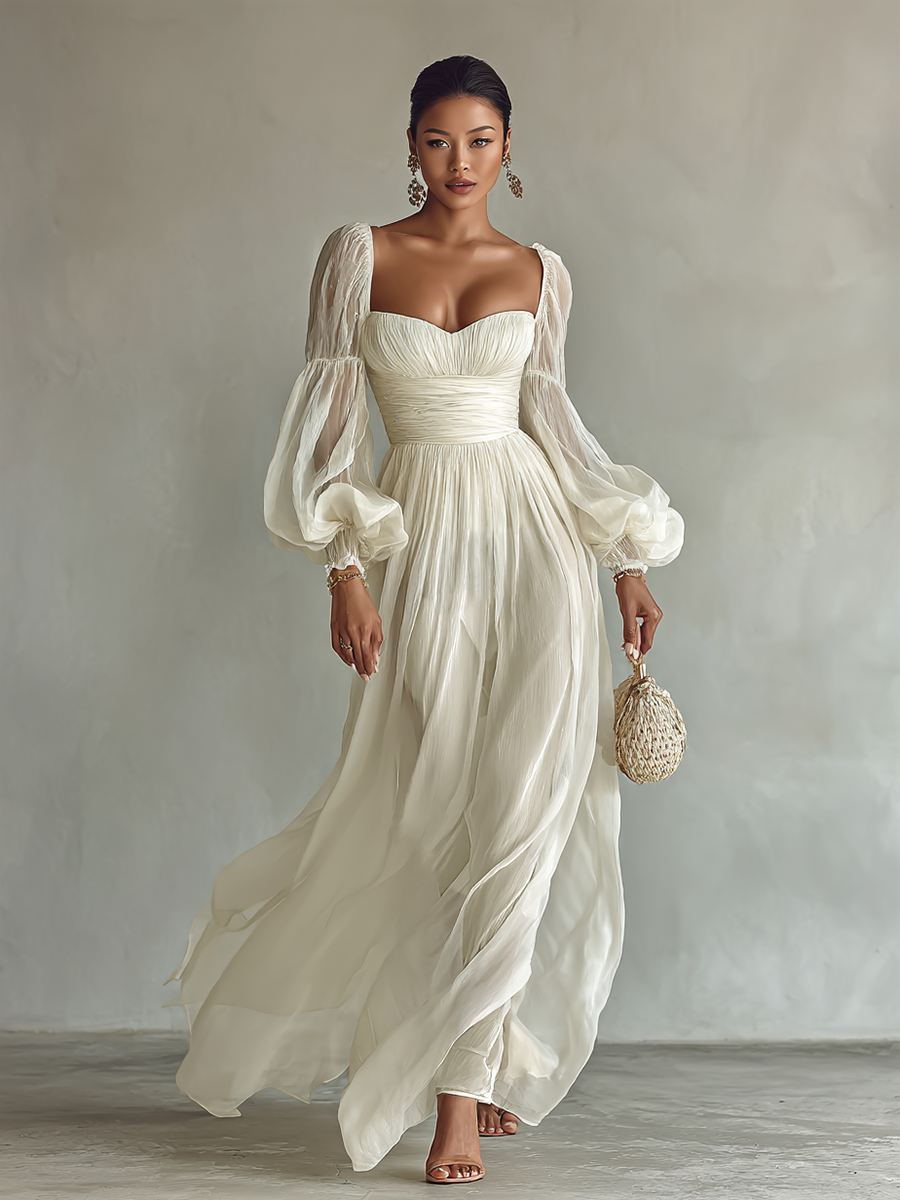 Women's Chiffon Square Neck Long Sleeve Waist Maxi Dress – Mercer & Bloom