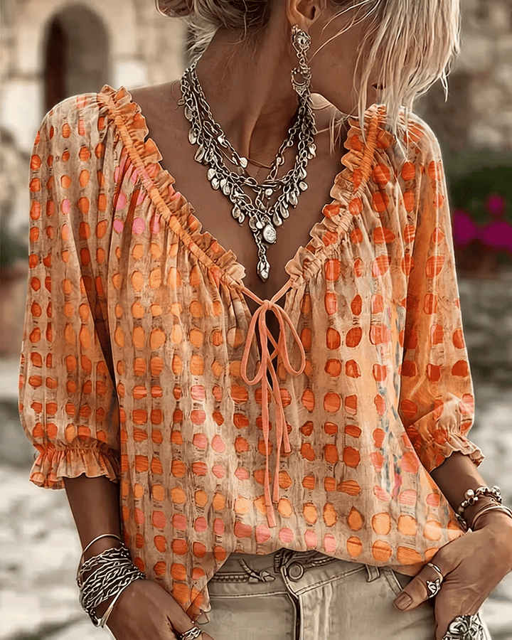 Lace up V neck blouse for women