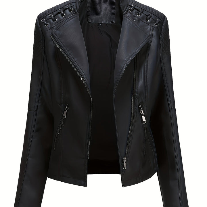 Elegant Leather Moto Jacket for Women with Notch Lapel Zip Front Studded Shoulder