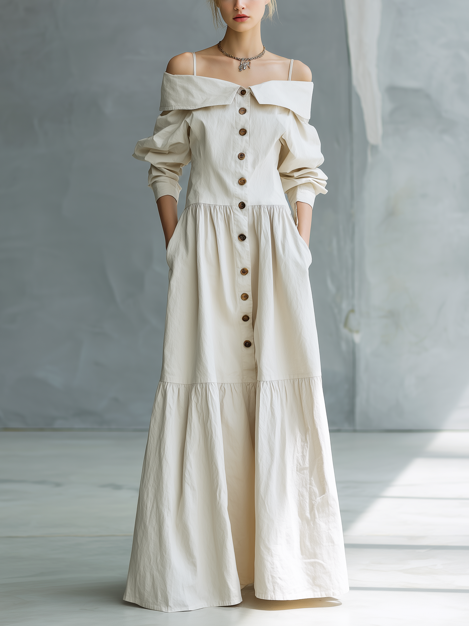 Damen elegantes weißes, gewebtes Camisole-Kleid mit schulterfreiem Design und lockeren langen Ärmeln
