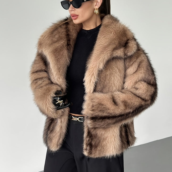 Elegant Khaki Fur Coat for Women with Notch Collar Long Sleeve Oversized Cropped Style