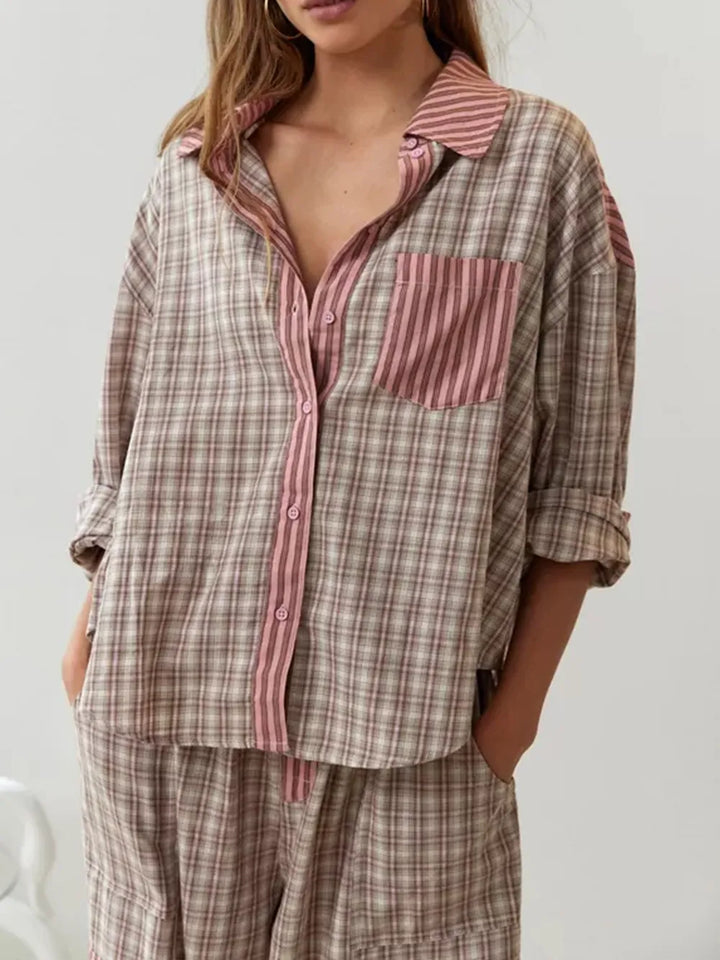 Effortless Striped Plaid Pajama Set for Women with Collar Long Sleeve Wide Leg Two Piece Style