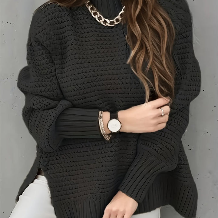 Comfortable Textured Knit Sweater for Women with Mock Neck Long Sleeve Ribbed Cuff Relaxed Oversized Style