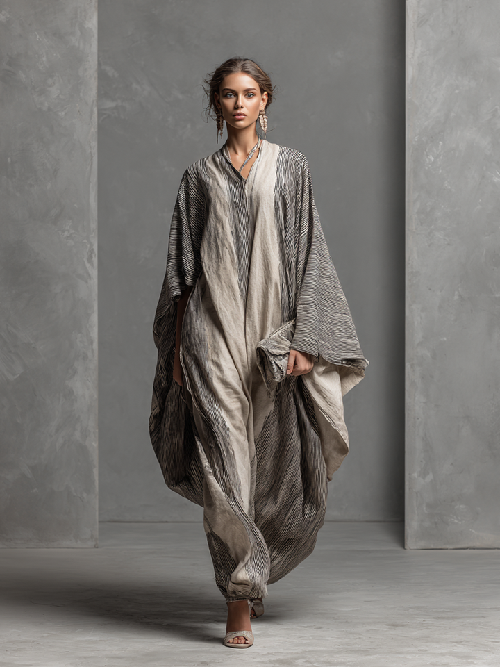Women's Boho Striped V-Neck Cotton Linen Oversized Kaftan Maxi Dress