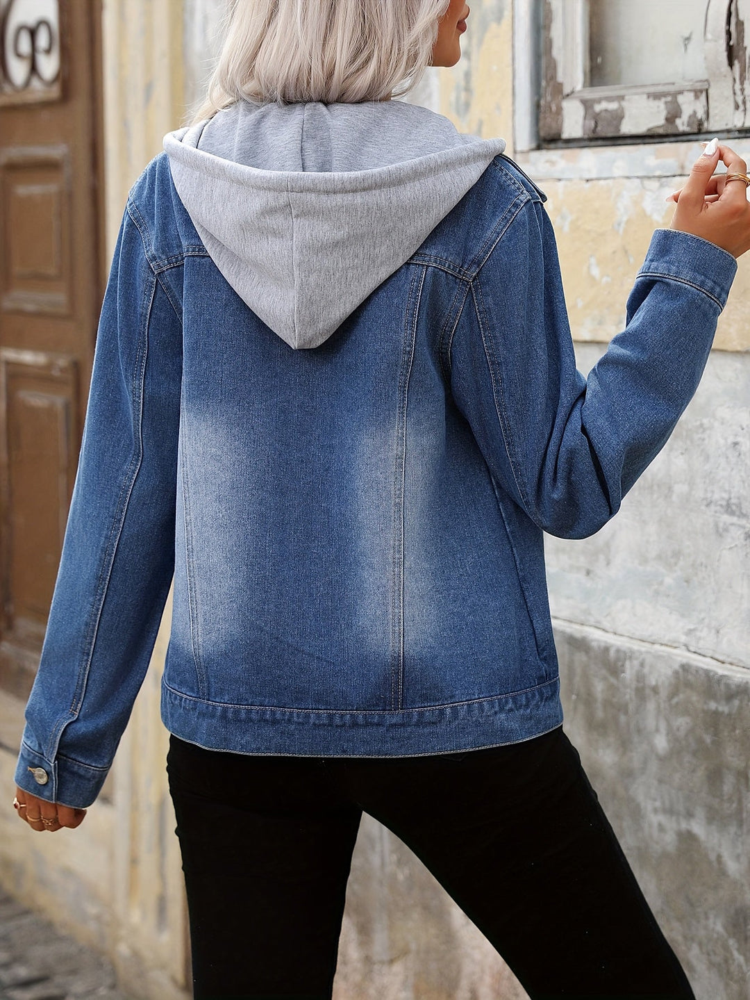 Effortless Blue Jean Jacket for Women with Hooded Collar Long Sleeve Button Front Relaxed Style