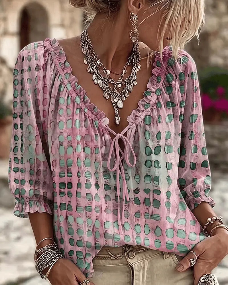 Lace Up V Neck Blouse for Women – Soft Touch Casual Top, Relaxed Boho Shirt in 8 Colors