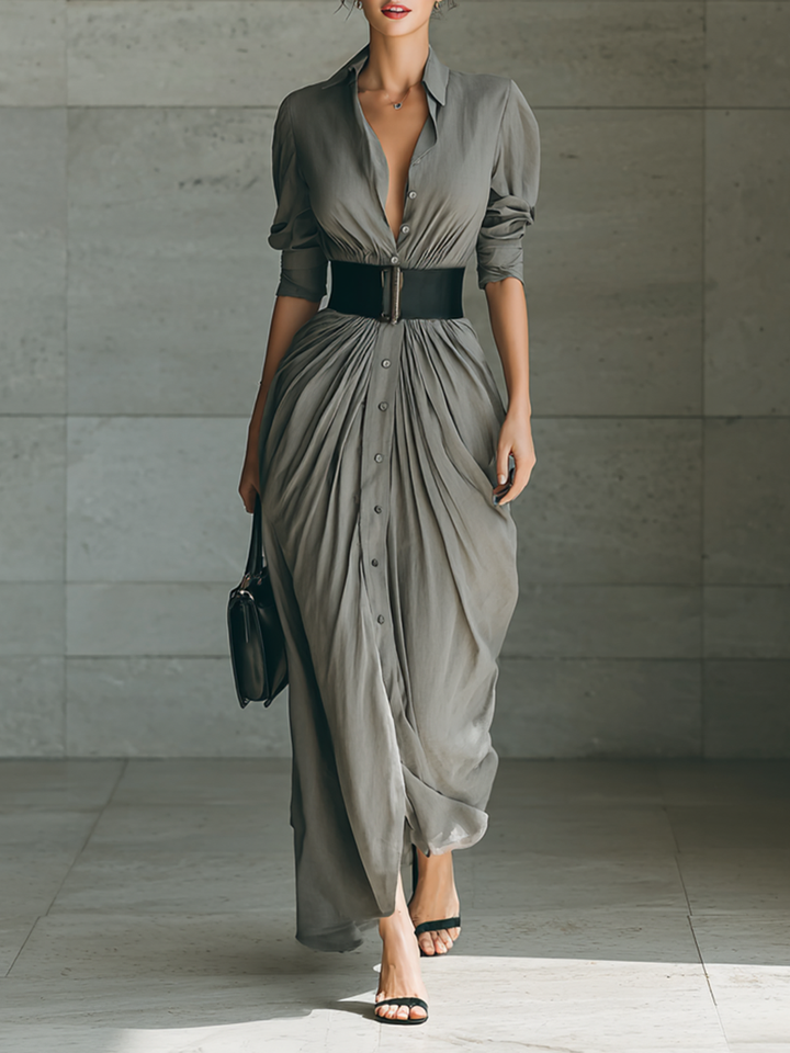 Vestido maxi para mujer con solapa, manga larga, abotonado y cinturón