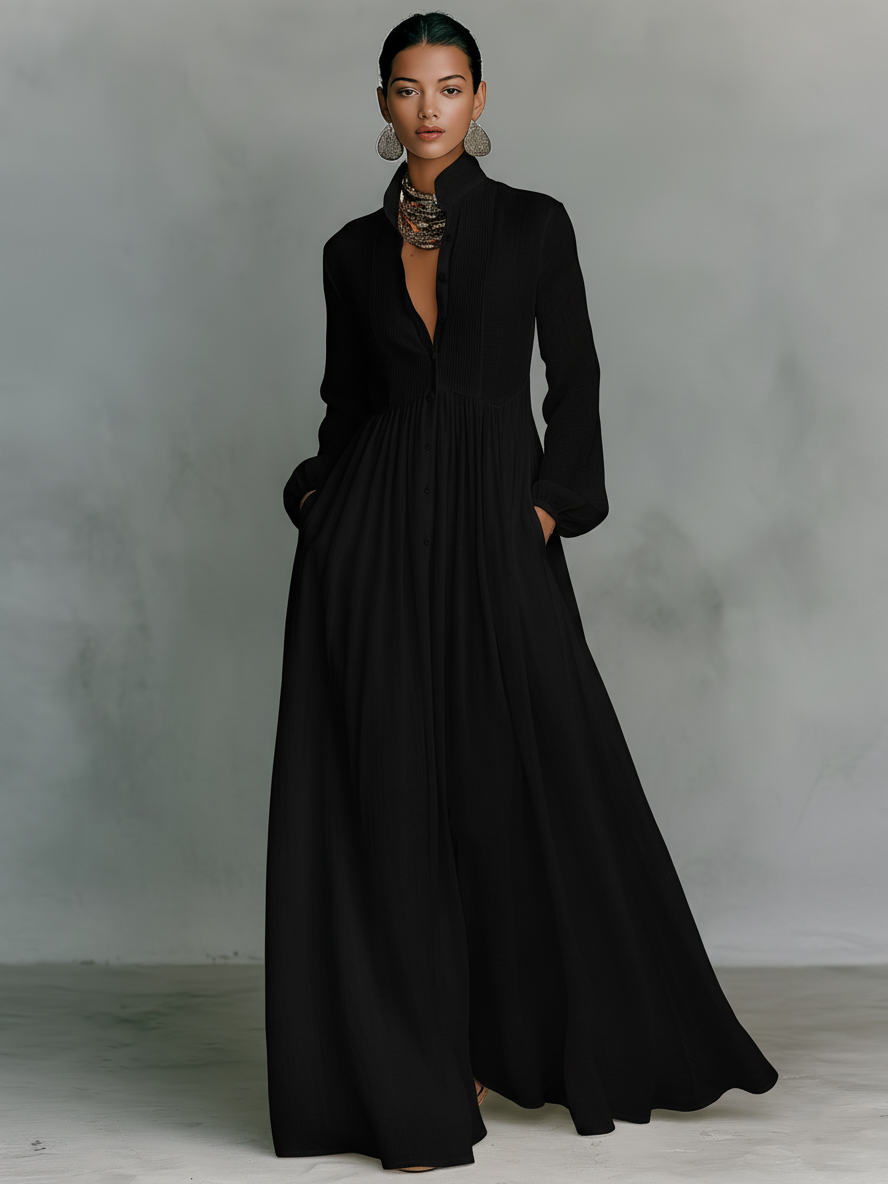 Damen minimalistisches Maxikleid aus Baumwoll-Leinen-Patchwork mit einreihiger Knopfleiste und Stehkragen, langärmlig MDA0658K6Y