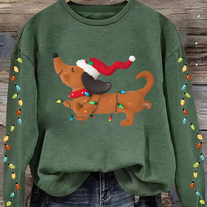 Comfortable Dachshund Santa Christmas Tacky Sweater for Women with Crew Neck Long Sleeve Relaxed Oversized Knit Style