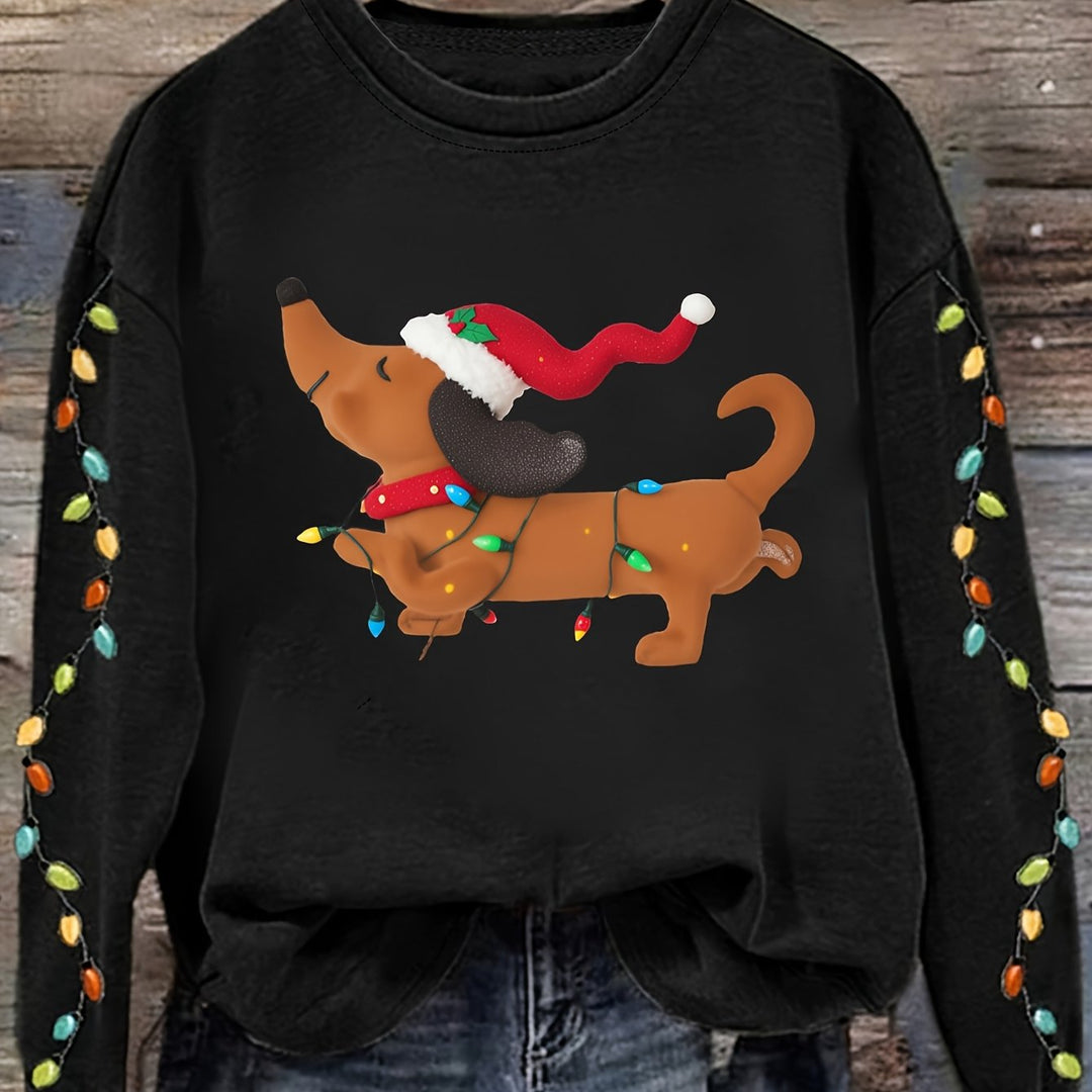 Comfortable Dachshund Santa Christmas Tacky Sweater for Women with Crew Neck Long Sleeve Relaxed Oversized Knit Style