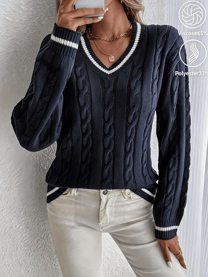 Comfortable Cable Knit Sweater for Women with V Neck Long Sleeve Striped Trim Oversized Knit Style