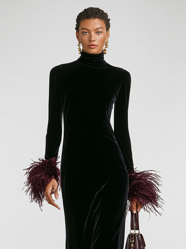 Vestido maxi de retazos de terciopelo minimalista con puños de plumas de avestruz de imitación y dobladillo para mujer MDA1174J9Y