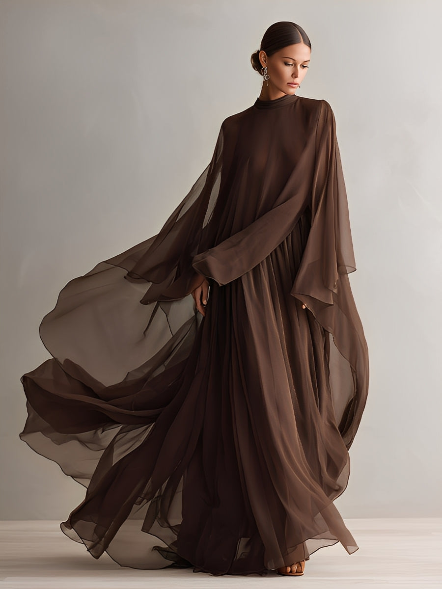 Women's Rich Brown Chiffon Dress With Flowy Maxi Silhouette & Cape-lik – Mercer & Bloom