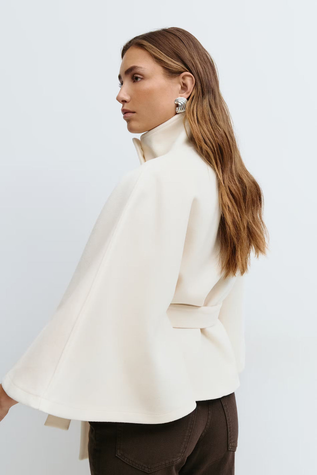 Elegant Wool Jacket for Women with Funnel Neck Batwing Sleeve Belted Cape Style