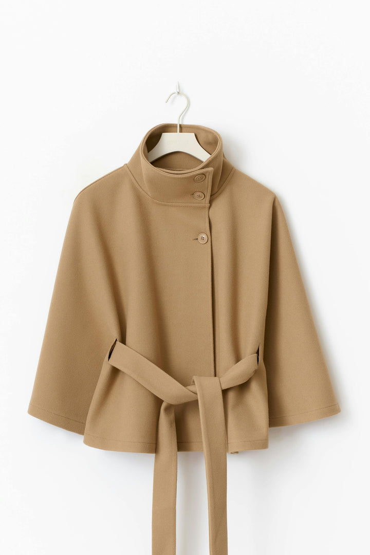 Elegant Wool Jacket for Women with Funnel Neck Batwing Sleeve Belted Cape Style