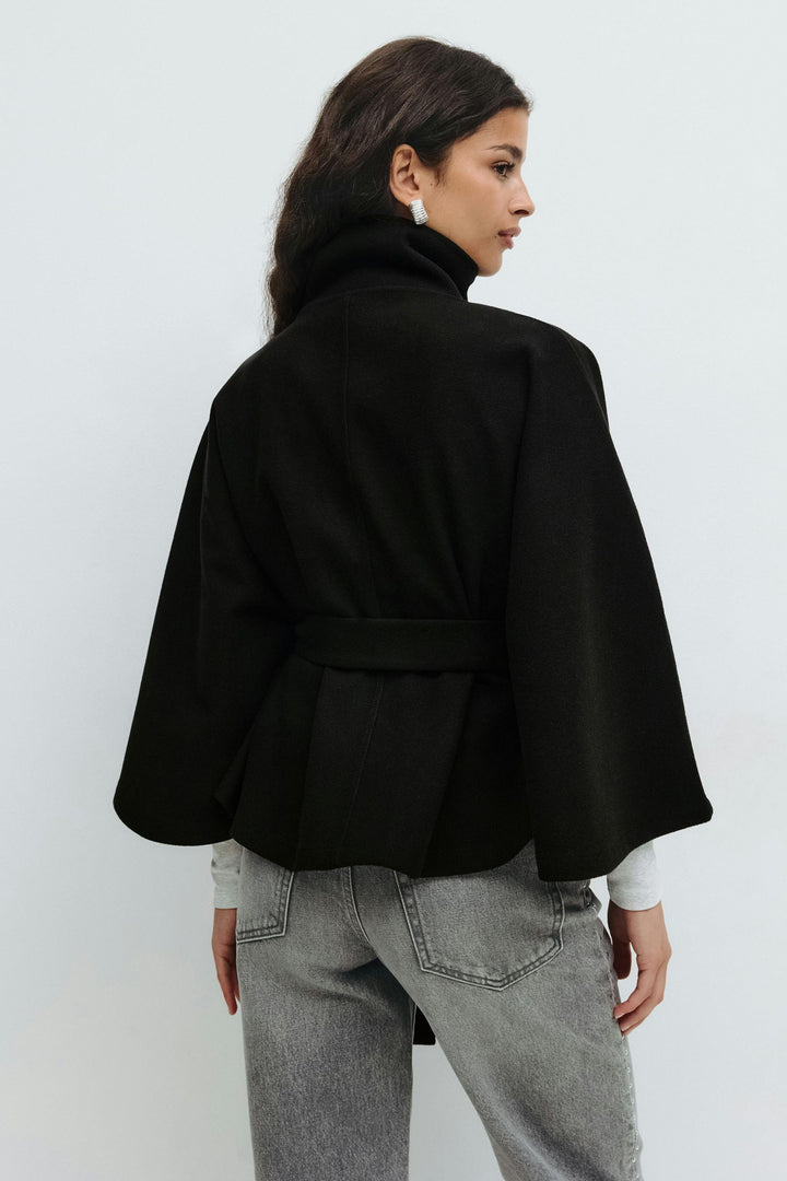 Elegant Wool Jacket for Women with Funnel Neck Batwing Sleeve Belted Cape Style