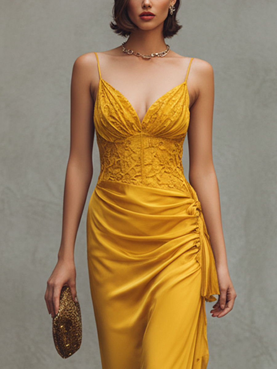 Women's Yellow Stretch Satin And Lace Spaghetti Strap Maxi Dress
