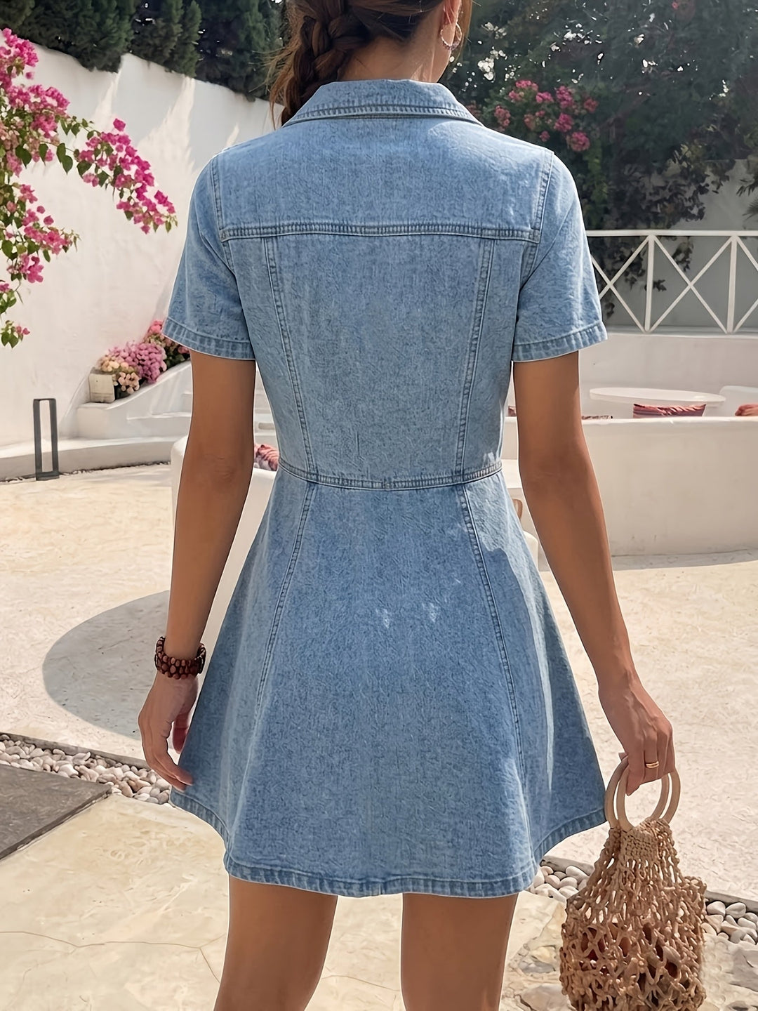 Elegant Deep Blue Denim Jacket for Women with Button-Front A-Line Fitted Flared Hem