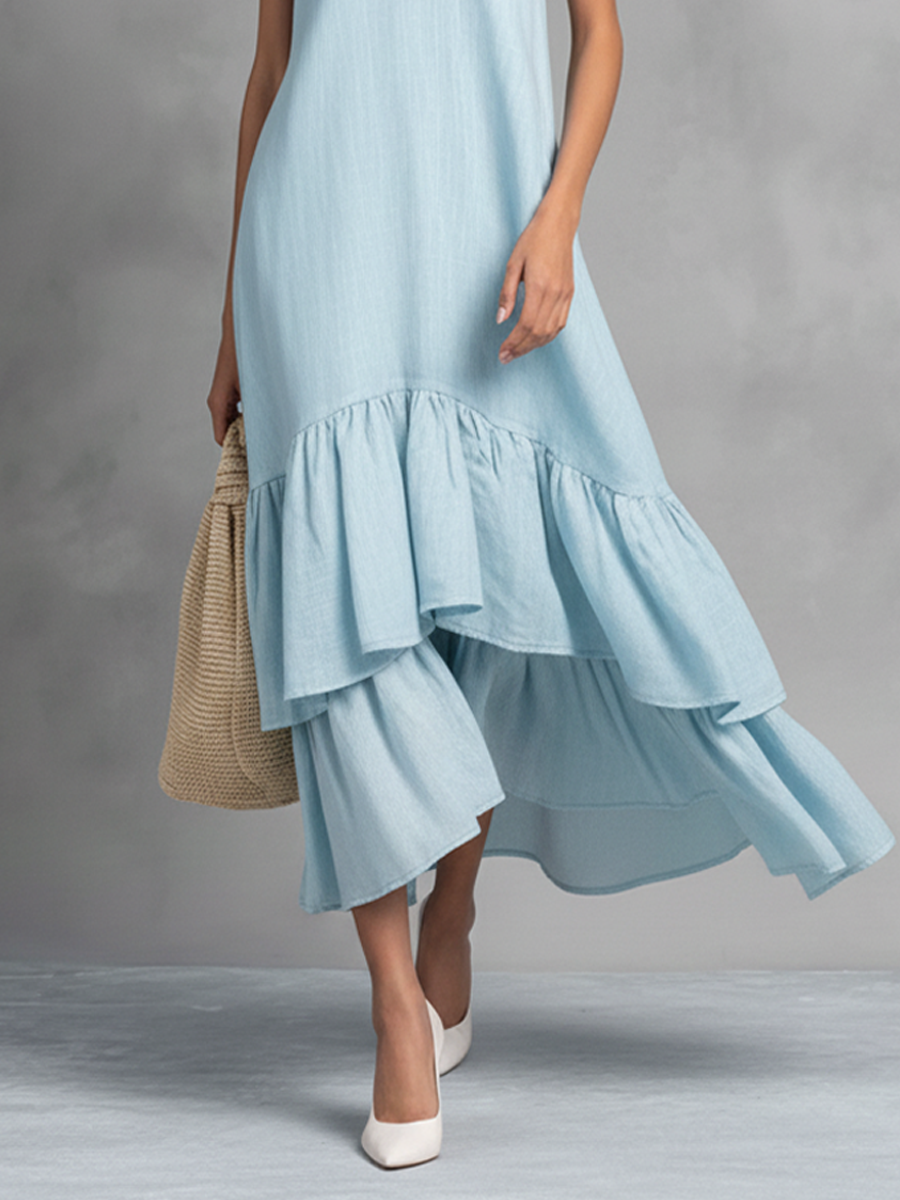 Damen Hellblaues Baumwoll-Leinen Maxikleid mit ärmellosem V-Ausschnitt und Rüschen-Saum