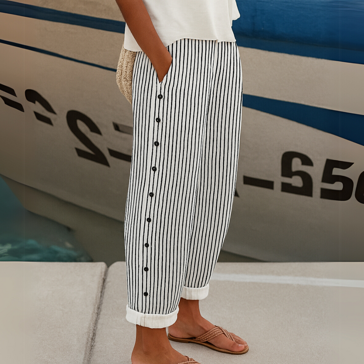 Striped button front pants for women