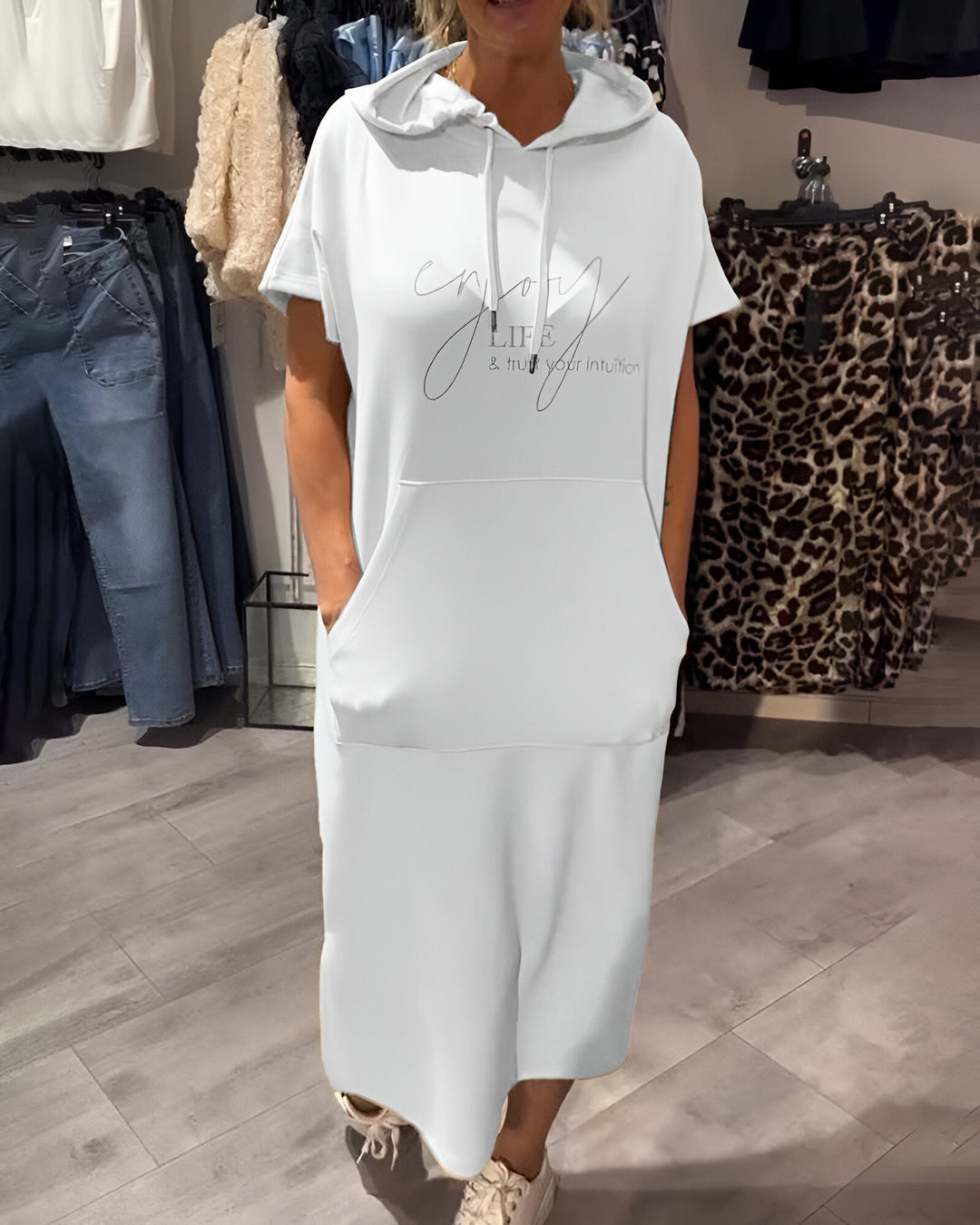 Comfortable Orange Hoodie Midi Dress for Women with Drawstring Hood Short Sleeve Kangaroo Pocket Relaxed Style