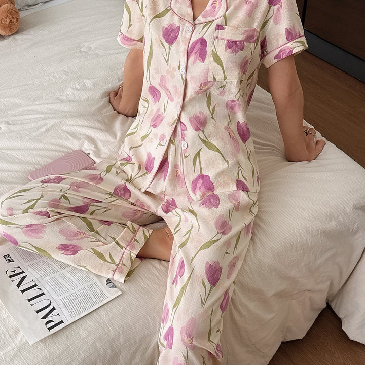 Comfortable Apricot Floral Pajama Set for Women with Notch Collar Short Sleeve Button Front Two Piece Style