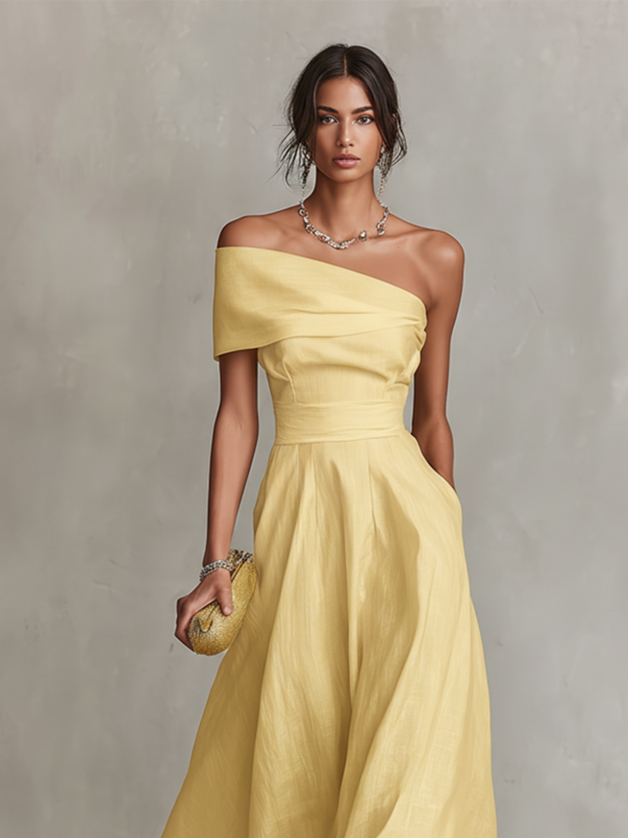 Vestido Feminino de Linho Amarelo com Decote de Um Ombro e Cintura Ajustada, Estilo Elegante-Chic Atemporal