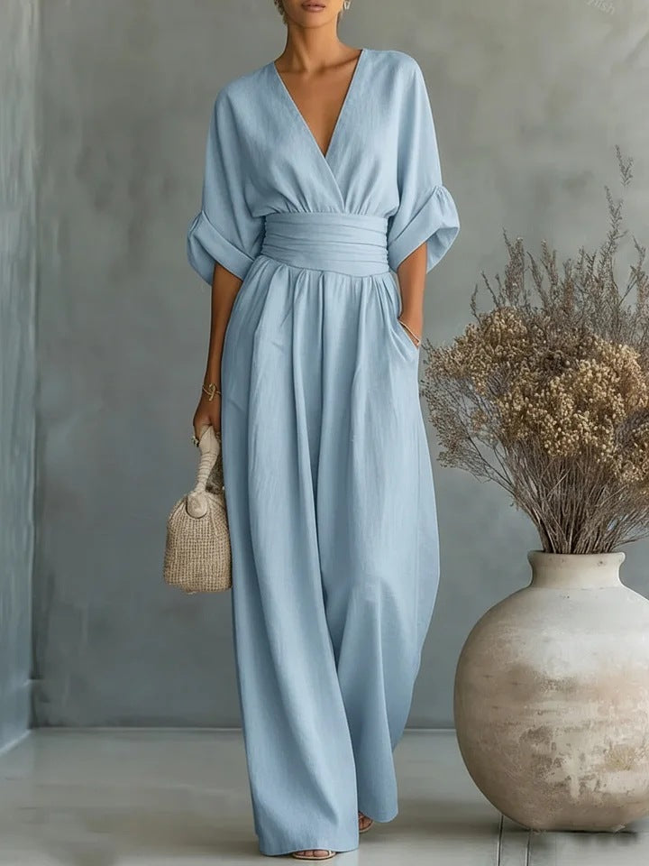 Elegant Wrap Jumpsuit for Women – Long Wide Leg Maxi Jumpsuit, Dressy One Piece Outfit for Summer and Evening