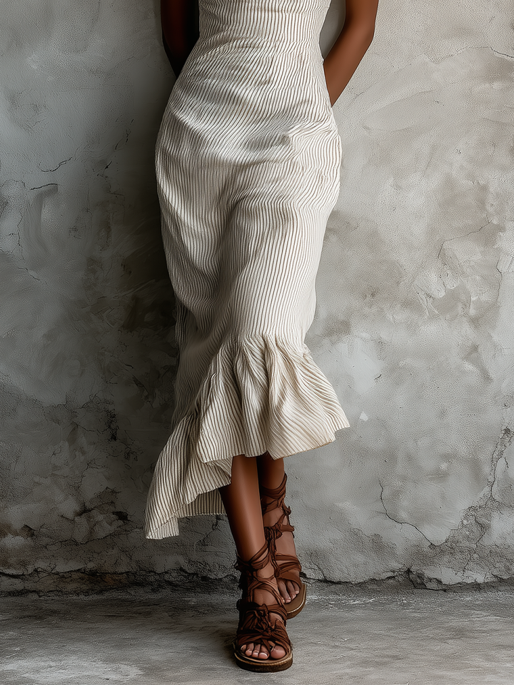 Maxivestido de tirantes finos con rayas beige, bajo asimétrico con volantes para mujer
