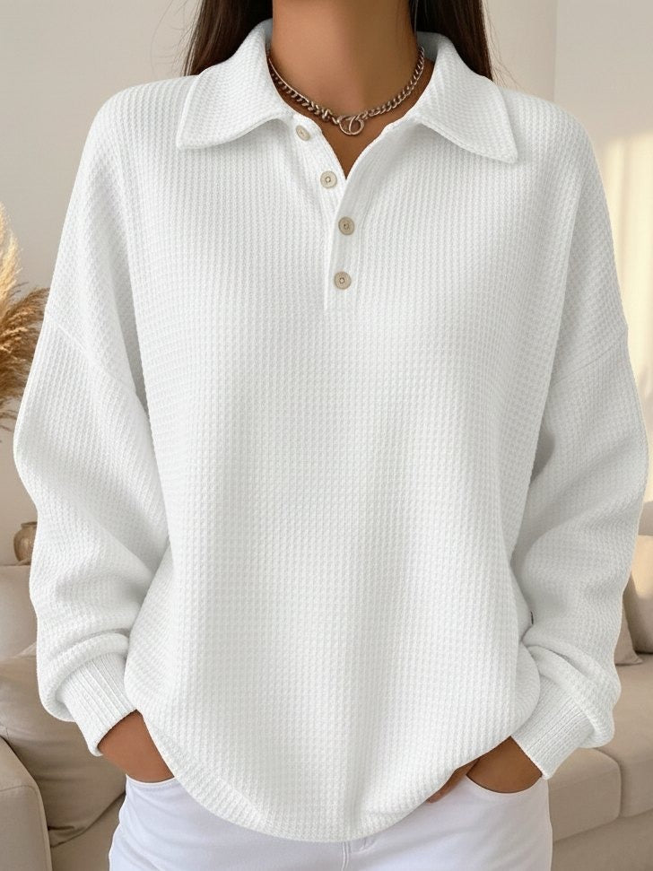 Cozy Waffle Knit Sweater for Women with Polo Collar Long Sleeve Button Front Oversized Style
