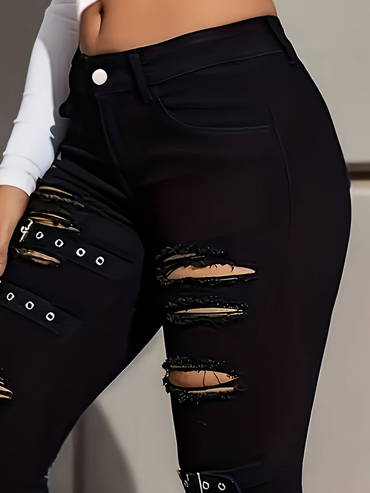 Stylish Black Distressed Buckle Jeans for Women with Buckle Strap Ripped Relaxed Style