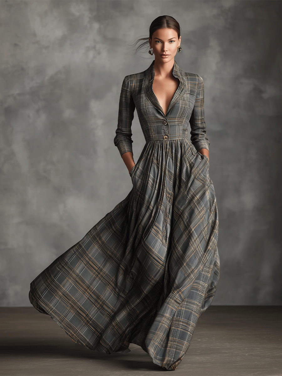 Women's Grey Sophisticated Tartan - Patterned Linen - Blend Flared Maxi Dress