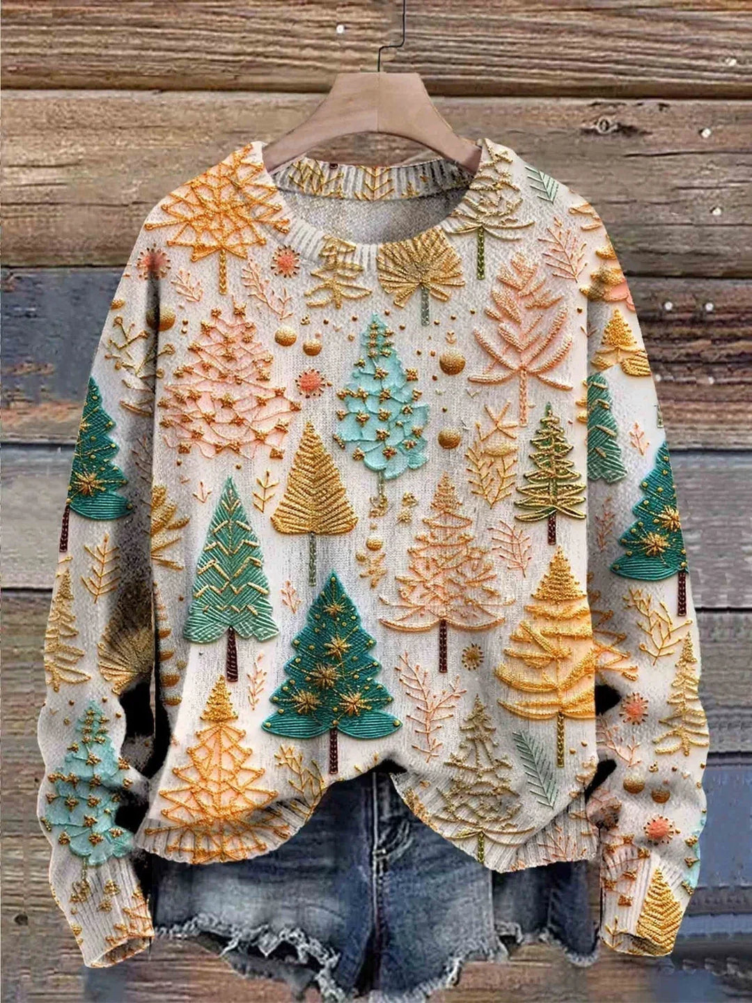 Cozy Embroidered Tree Print Women's Xmas Sweater with Crew Neck Long Sleeve Relaxed Knit Style
