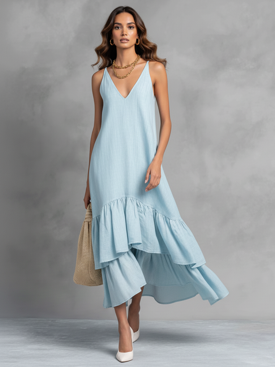 Damen Hellblaues Baumwoll-Leinen Maxikleid mit ärmellosem V-Ausschnitt und Rüschen-Saum