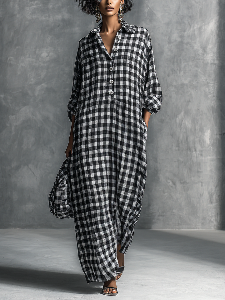 Women's Casual Black And White Checkered Shirt-style Long Dress