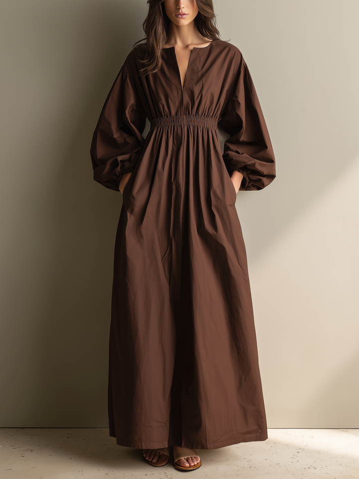 Maxivestido informal de mujer con cuello de pico, manga larga, cintura elástica, de algodón y lino, color marrón