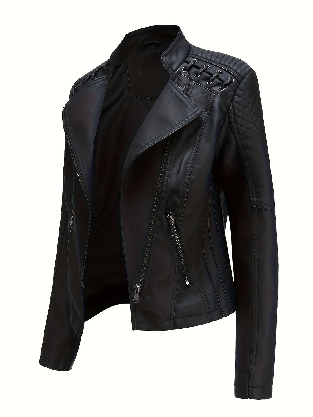 Elegant Leather Moto Jacket for Women with Notch Lapel Zip Front Studded Shoulder