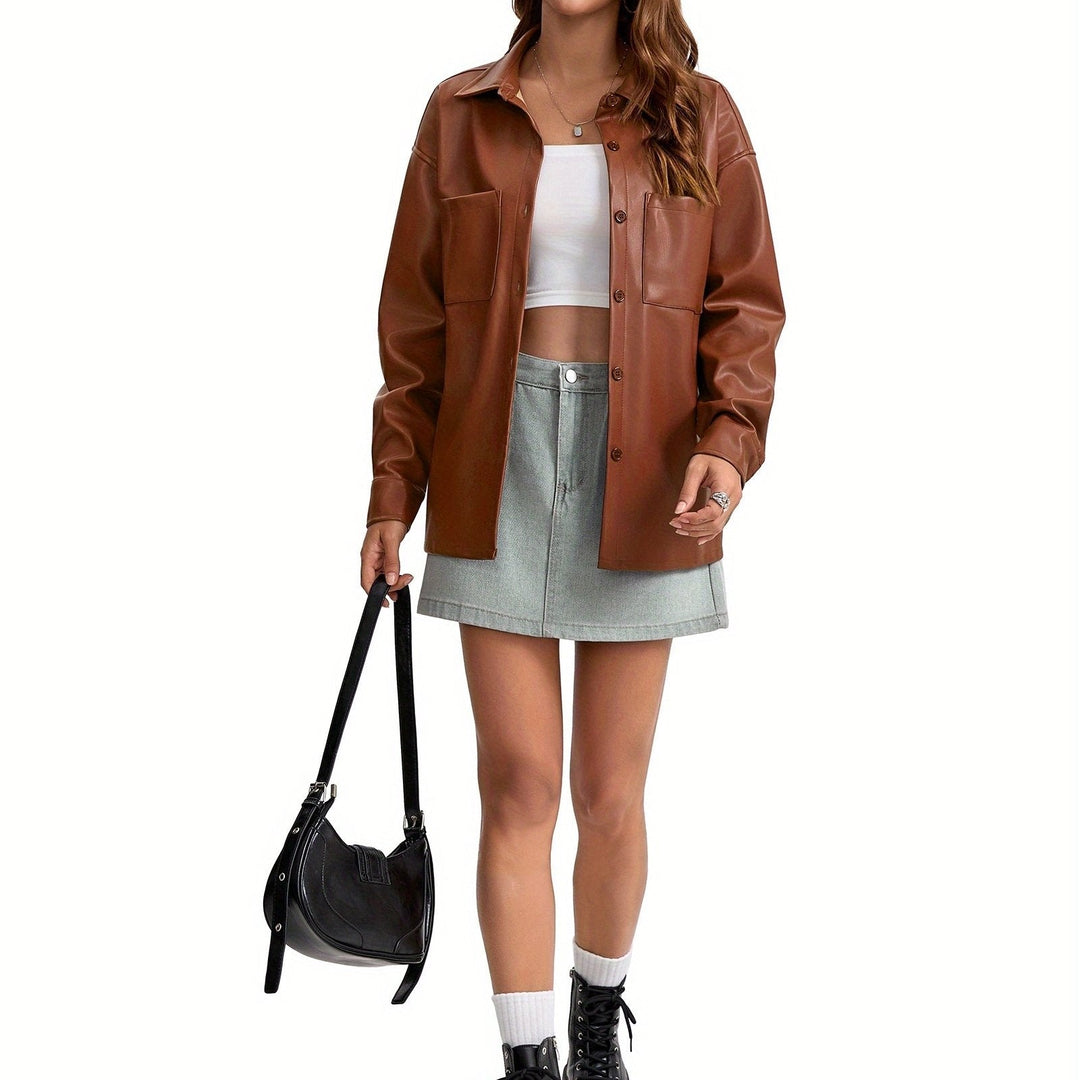 Effortless Leather Jacket for Women with Button Front Collared Oversized Shacket Style