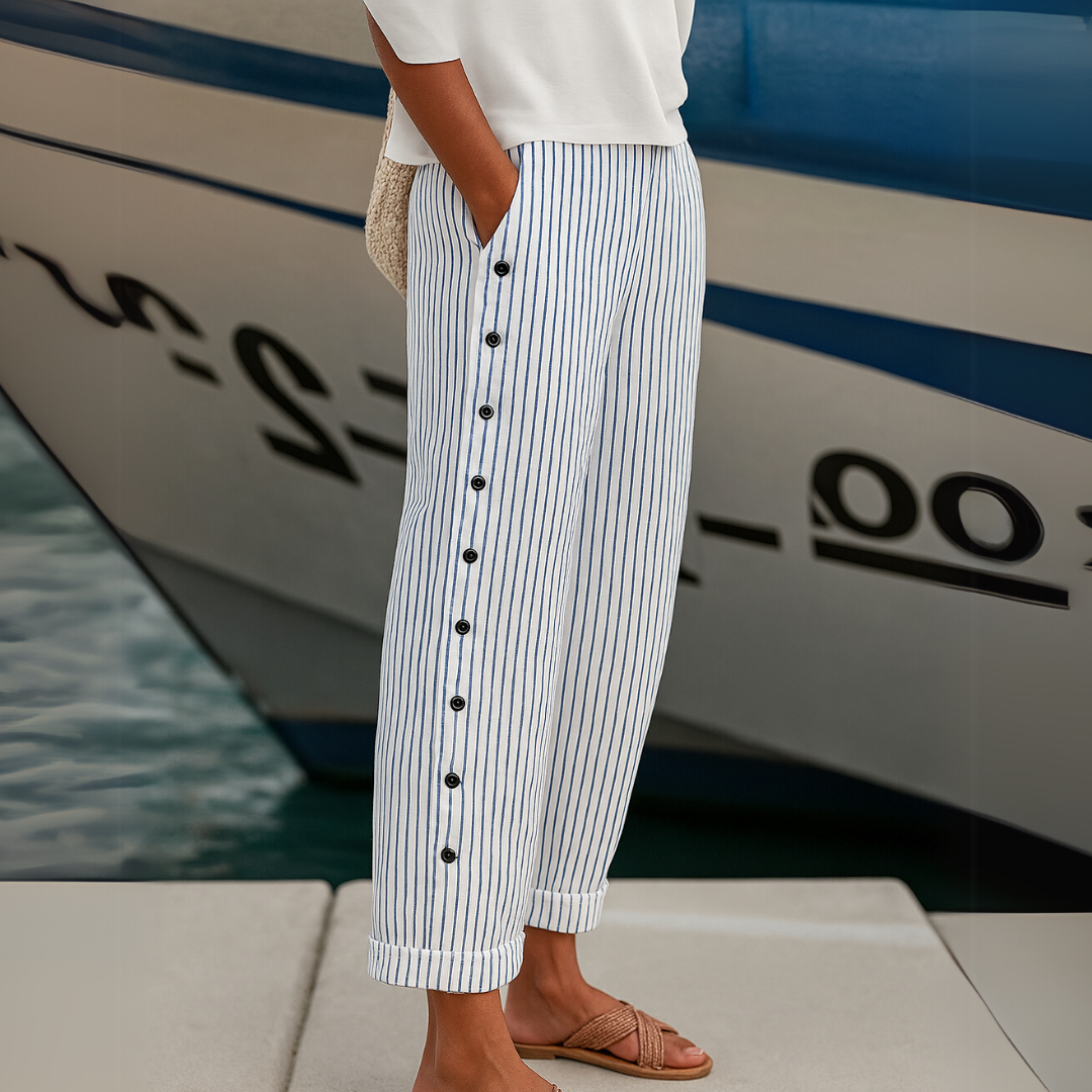 Striped Pants for Women – Button Front Casual Trousers for Work and Everyday, Comfortable Relaxed Fit