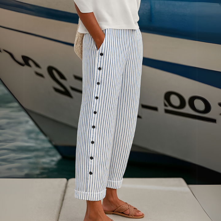 Striped Pants for Women – Button Front Casual Trousers for Work and Everyday, Comfortable Relaxed Fit