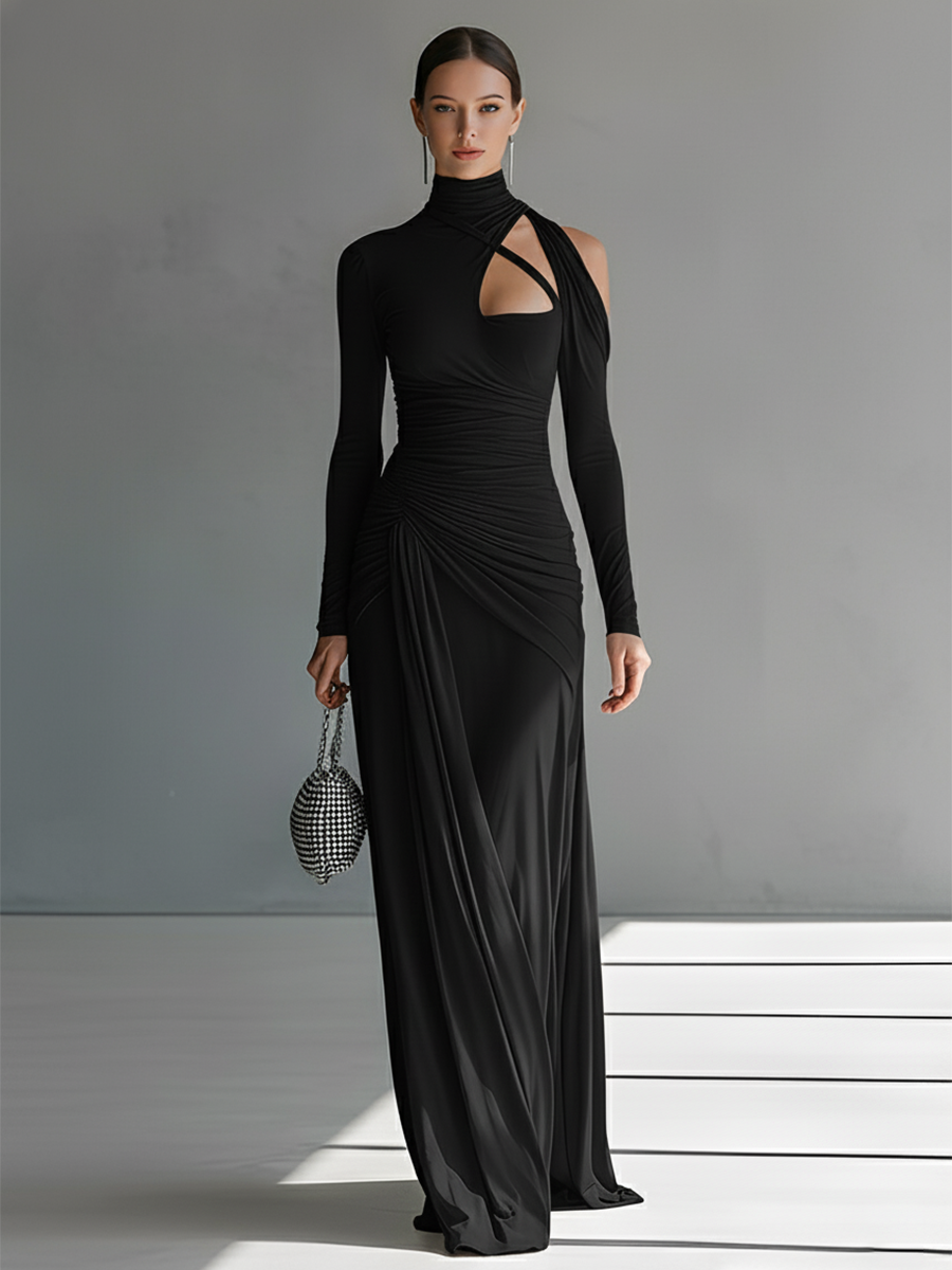 Damen Graues seidiges Stretch anspruchsvolles gerafftes Cut-Out Maxikleid MDA0546K6I