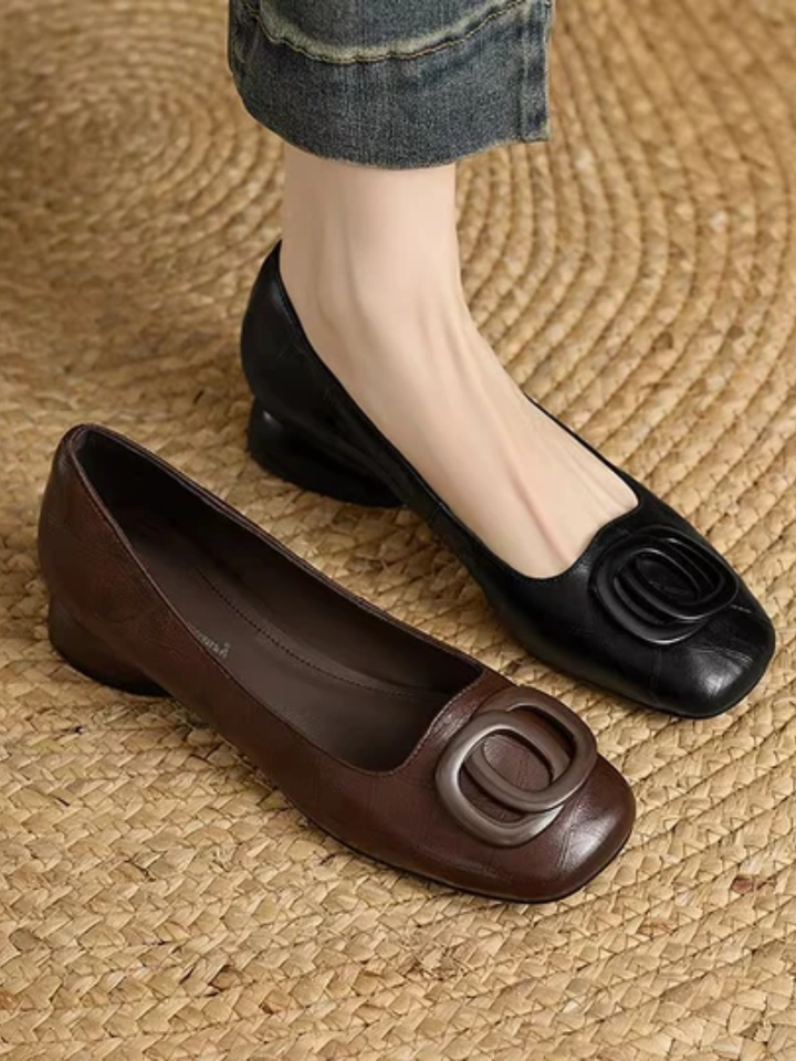 Leather Square Toe Ballet Flats for Women – Comfortable Slip On Flat Shoes for Work and Everyday, Black and Brown
