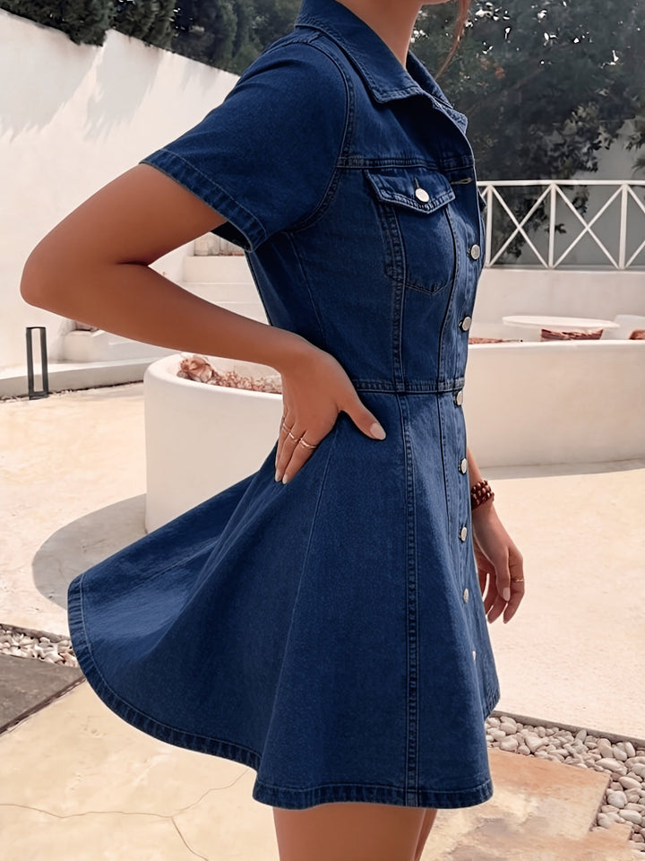 Elegant Deep Blue Denim Jacket for Women with Button-Front A-Line Fitted Flared Hem