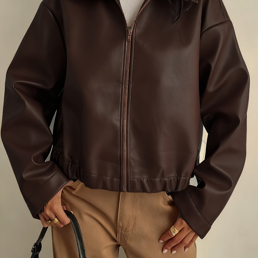 Elegant Brown Leather Jacket for Women with Collar Zip Front Cropped Style